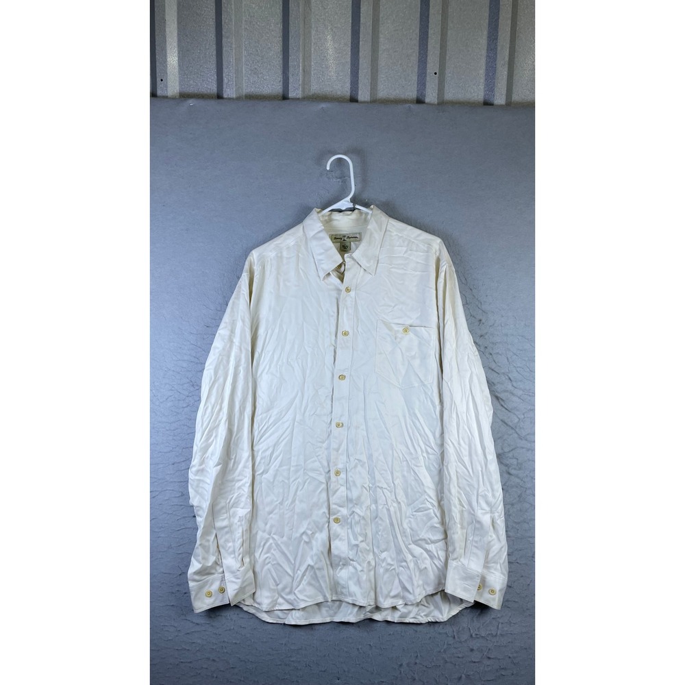 Tommy Bahama Button Down Shirt Mens L Cream Good 100% Silk Long Sleeve Pocket